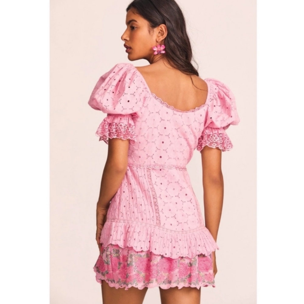 LoveShackFancy Pink Eyelet Floral Mini Dress - Picture 4 of 16